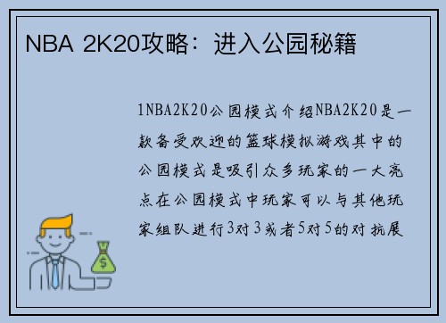 NBA 2K20攻略：进入公园秘籍